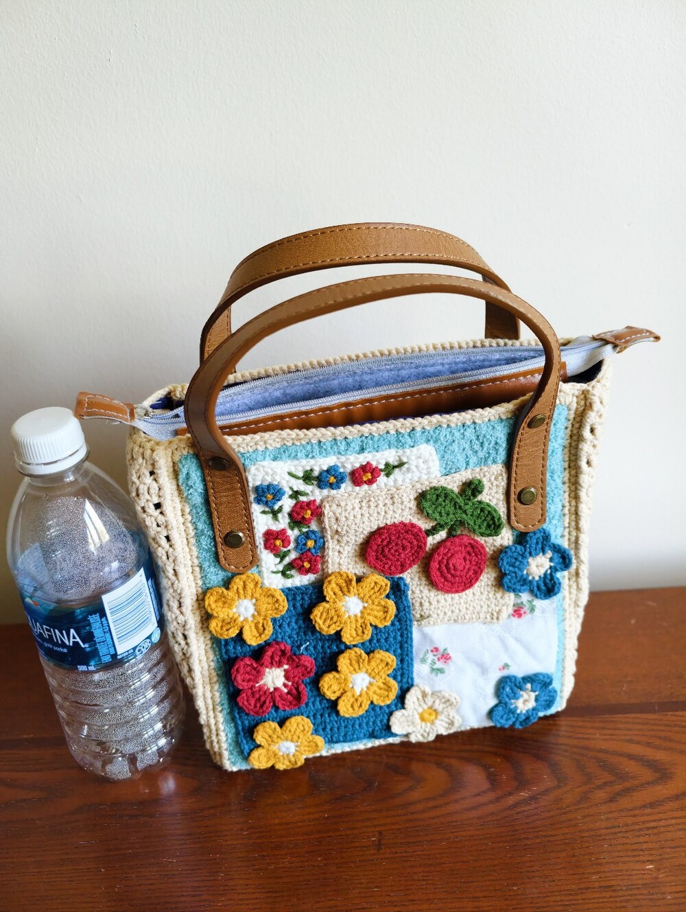 Handmade Crochet Floral Patchwork Tote Bag - Pink, Cream & Mustard - Picture 10 of 10